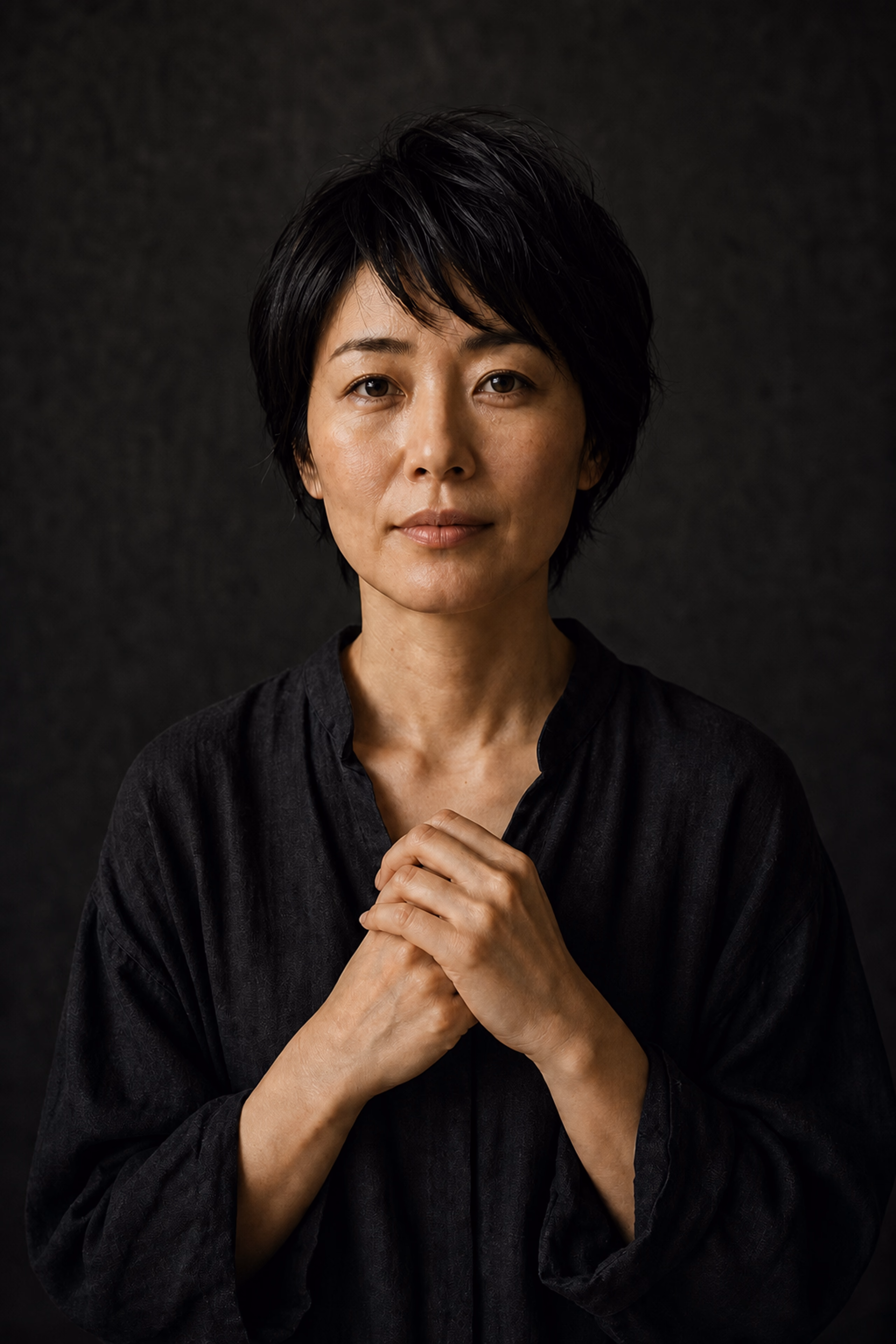 短发女性在深色背景前双手轻合，平静地望向镜头
